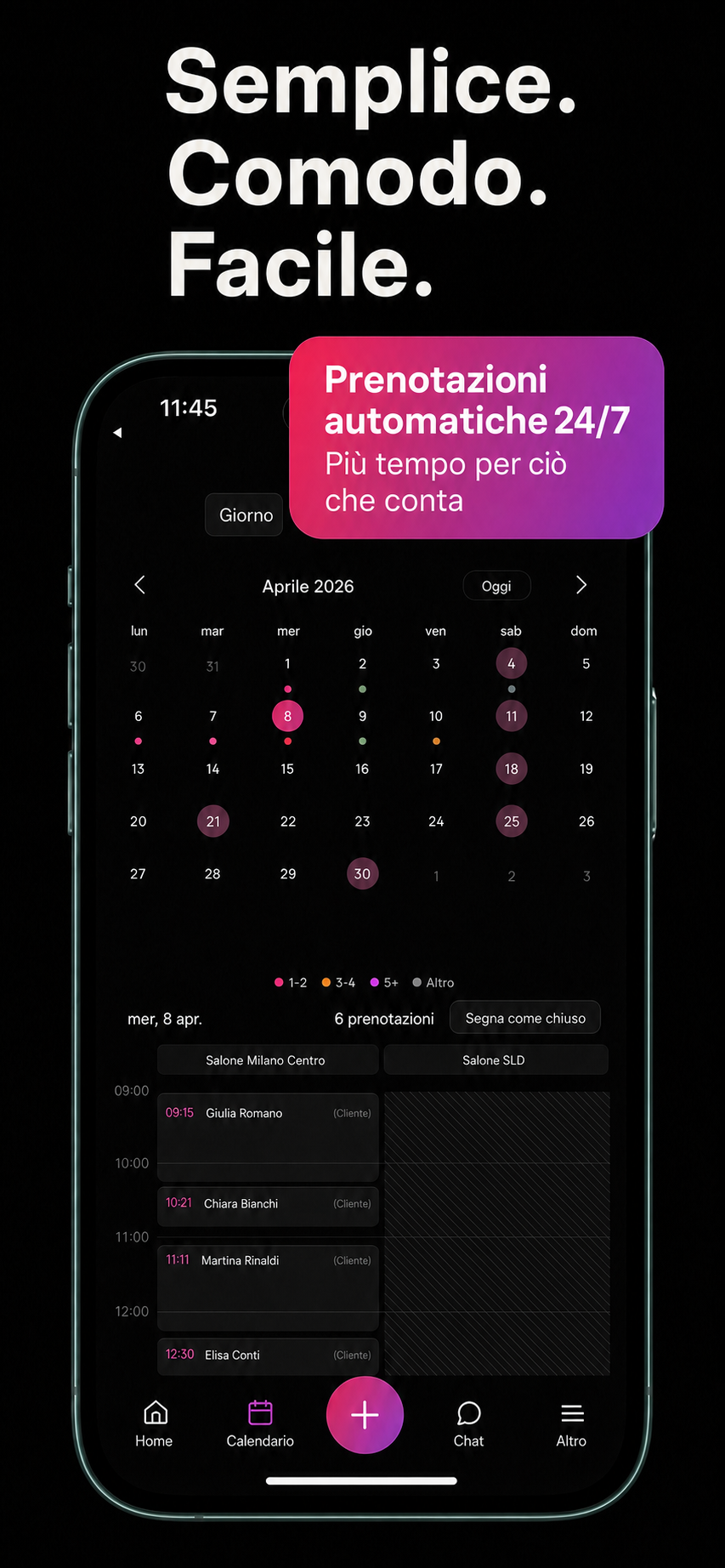 Calendario e prenotazioni online di minibi in modalità scura